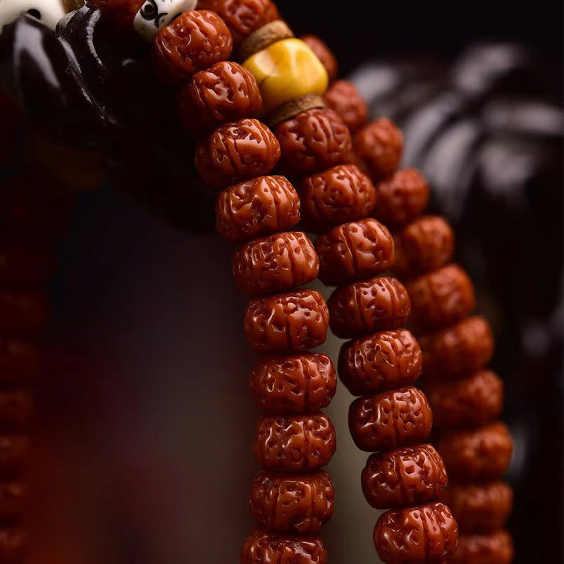 Mala à pampilles et graines de Bodhi en Buddha Stones de Rudraksha