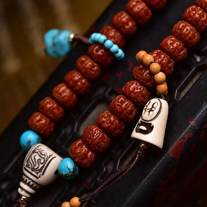 Mala à pampilles et graines de Bodhi en Buddha Stones de Rudraksha
