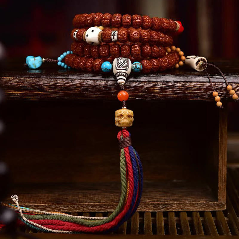 Mala à pampilles et graines de Bodhi en Buddha Stones de Rudraksha