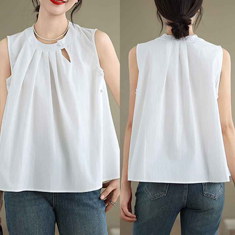 Buddha Stones d'été plissé en coton et lin pour femme, couleur unie, col licou, sans manches - image 17