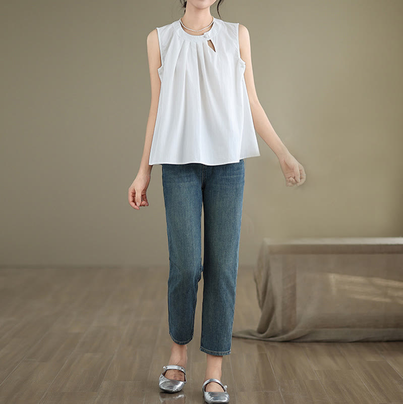 Buddha Stones d'été plissé en coton et lin pour femme, couleur unie, col licou, sans manches - image 16