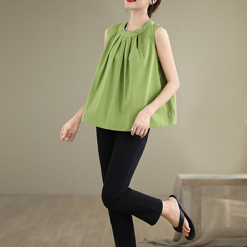 Buddha Stones d'été plissé en coton et lin pour femme, couleur unie, col licou, sans manches - image 22