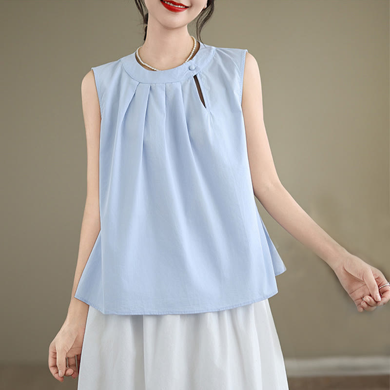 Buddha Stones d'été plissé en coton et lin pour femme, couleur unie, col licou, sans manches - Bleu ciel clair - US8-10，UK/AU12-14，EU40-42 (2XL) - image 0