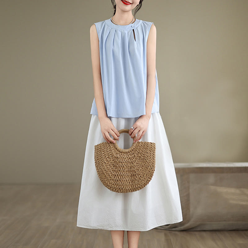 Buddha Stones d'été plissé en coton et lin pour femme, couleur unie, col licou, sans manches - image 4