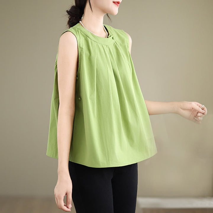 Buddha Stones d'été plissé en coton et lin pour femme, couleur unie, col licou, sans manches - image 19