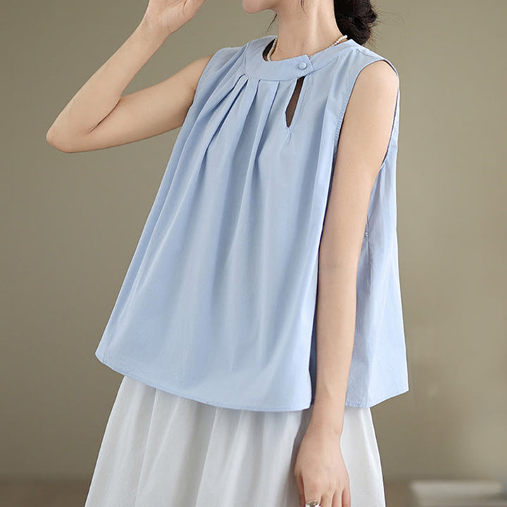 Buddha Stones d'été plissé en coton et lin pour femme, couleur unie, col licou, sans manches - image 2