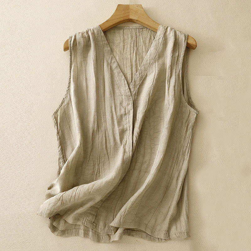 Buddha Stones manches en coton et lin à col en V pour femme, décontracté, couleur unie, style plissé, été - Kaki - US8-10，UK/AU12-14，EU40-42 (2XL) - image 0
