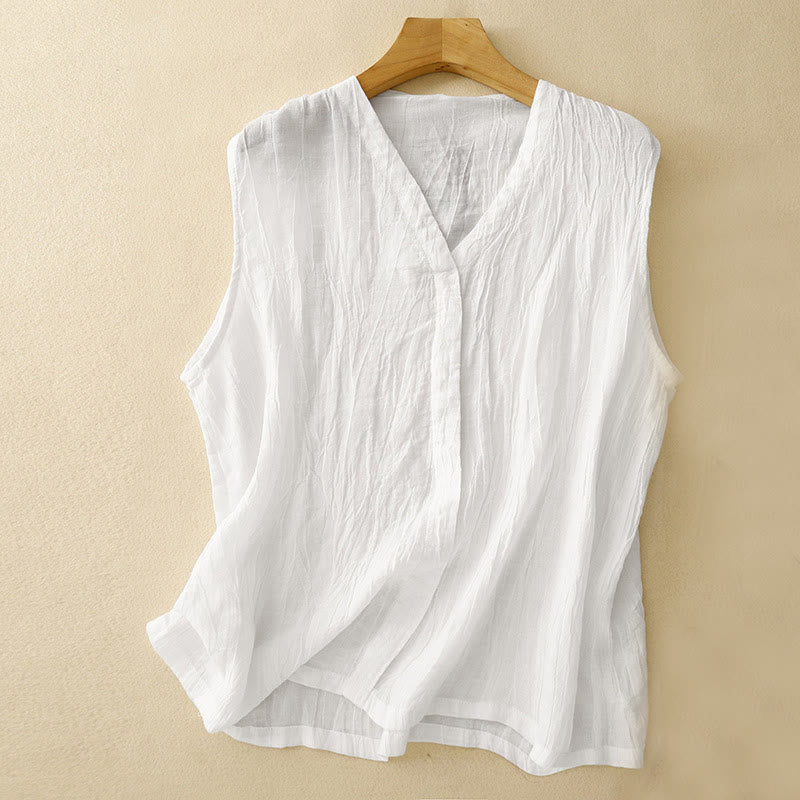 Buddha Stones manches en coton et lin à col en V pour femme, décontracté, couleur unie, style plissé, été - Blanc - US8-10，UK/AU12-14，EU40-42 (2XL) - image 13