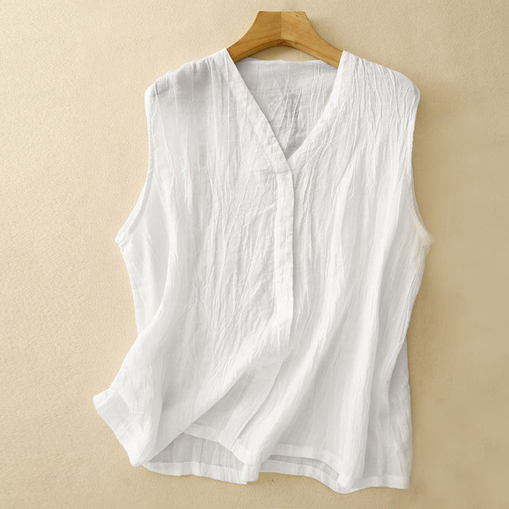 Buddha Stones manches en coton et lin à col en V pour femme, décontracté, couleur unie, style plissé, été - Blanc - US8-10，UK/AU12-14，EU40-42 (2XL) - image 13