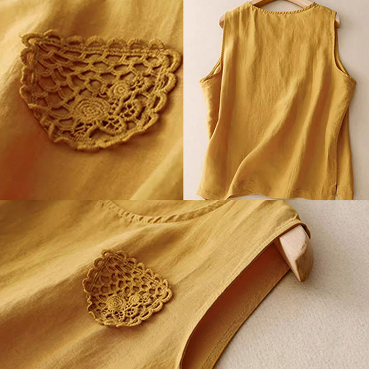 Buddha Stones décontracté en coton et lin pour femme, motif patchwork de broderies de couleur pure, sans manches, col ras du cou - image 6