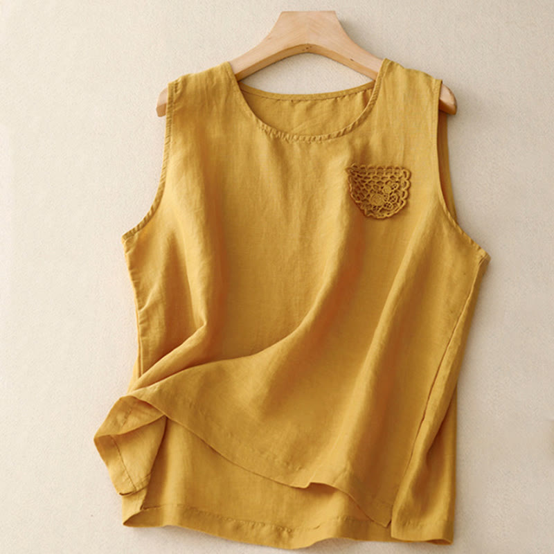 Buddha Stones décontracté en coton et lin pour femme, motif patchwork de broderies de couleur pure, sans manches, col ras du cou - Or - US12，UK/AU16，EU44 (3XL) - image 0