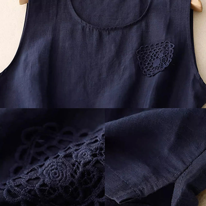 Buddha Stones décontracté en coton et lin pour femme, motif patchwork de broderies de couleur pure, sans manches, col ras du cou - image 10