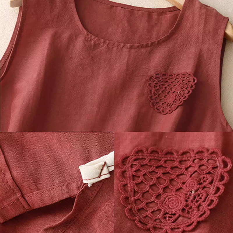 Buddha Stones décontracté en coton et lin pour femme, motif patchwork de broderies de couleur pure, sans manches, col ras du cou - image 14