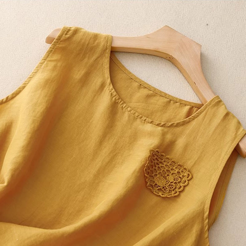 Gilet sans manches à col rond pour femme, orné de broderies patchwork aux couleurs unies et de Buddha Stones - image 1