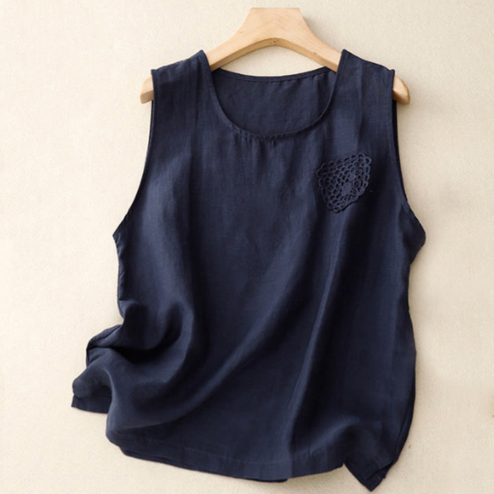 Gilet sans manches à col rond pour femme, orné de broderies patchwork aux couleurs unies et de Buddha Stones - Bleu nuit - US12，UK/AU16，EU44 (3XL) - image 7