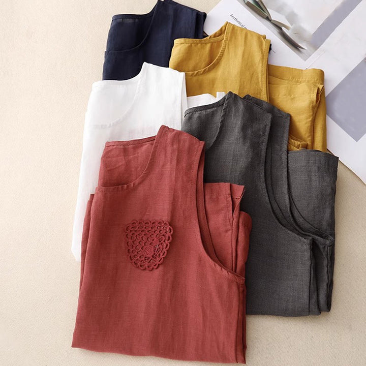 Buddha Stones décontracté en coton et lin pour femme, motif patchwork de broderies de couleur pure, sans manches, col ras du cou - image 25