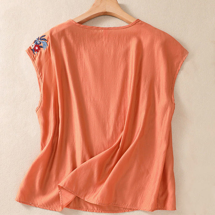 Gilet décontracté vintage uni brodé de fleurs, style Buddha Stones, sans manches, col ras du cou, en coton et lin, pour femme