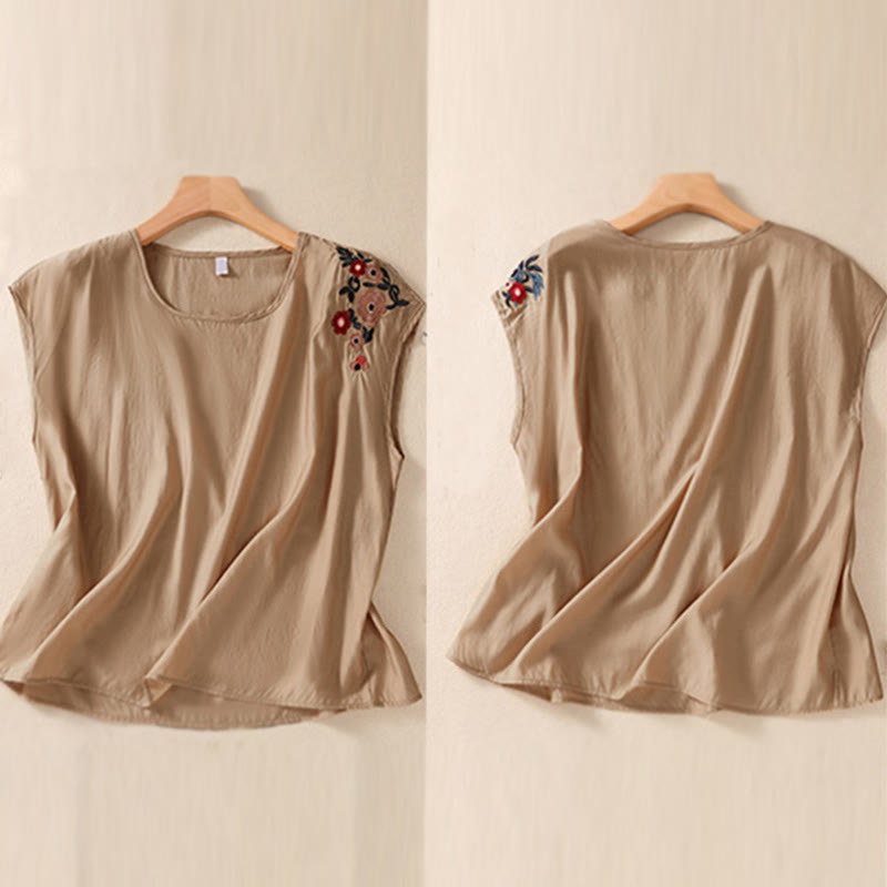 Gilet décontracté vintage uni brodé de fleurs, style Buddha Stones, sans manches, col ras du cou, en coton et lin, pour femme