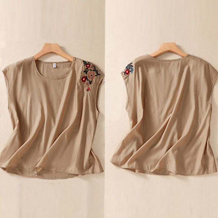 Gilet décontracté vintage uni brodé de fleurs, style Buddha Stones, sans manches, col ras du cou, en coton et lin, pour femme