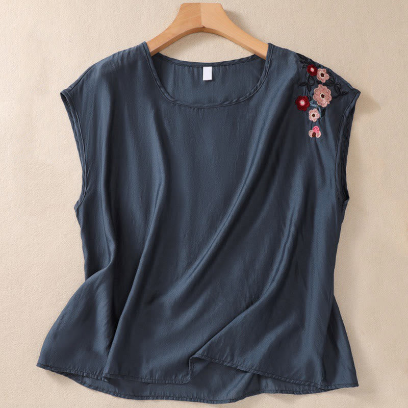 Gilet décontracté vintage uni brodé de fleurs, style Buddha Stones, sans manches, col ras du cou, en coton et lin, pour femme