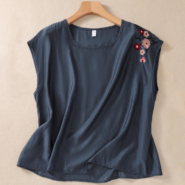 Gilet décontracté vintage uni brodé de fleurs, style Buddha Stones, sans manches, col ras du cou, en coton et lin, pour femme