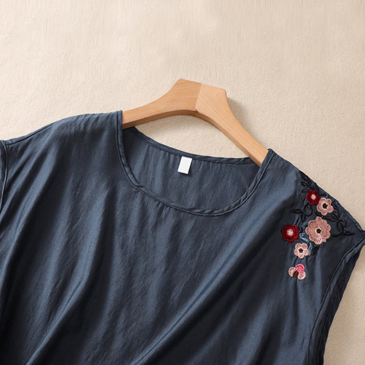 Gilet décontracté vintage uni brodé de fleurs, style Buddha Stones, sans manches, col ras du cou, en coton et lin, pour femme