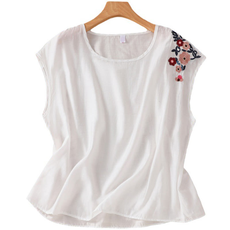 Gilet décontracté vintage uni brodé de fleurs, style Buddha Stones, sans manches, col ras du cou, en coton et lin, pour femme