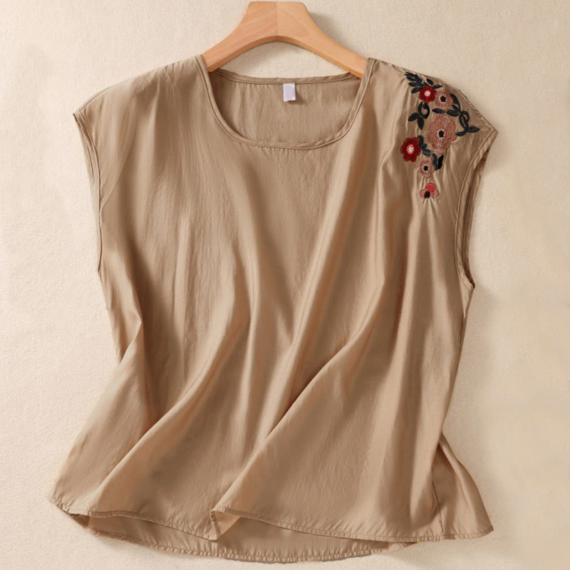 Gilet décontracté vintage uni brodé de fleurs, style Buddha Stones, sans manches, col ras du cou, en coton et lin, pour femme
