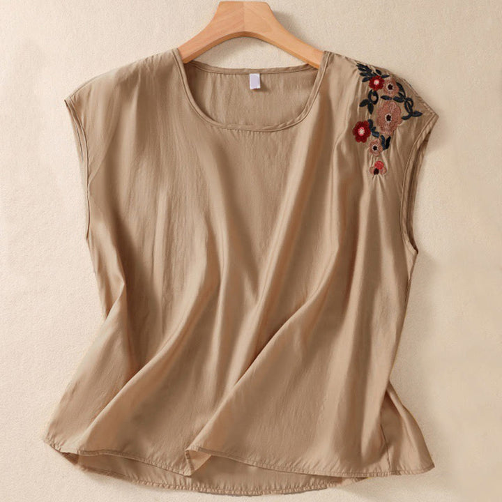 Gilet décontracté vintage uni brodé de fleurs, style Buddha Stones, sans manches, col ras du cou, en coton et lin, pour femme