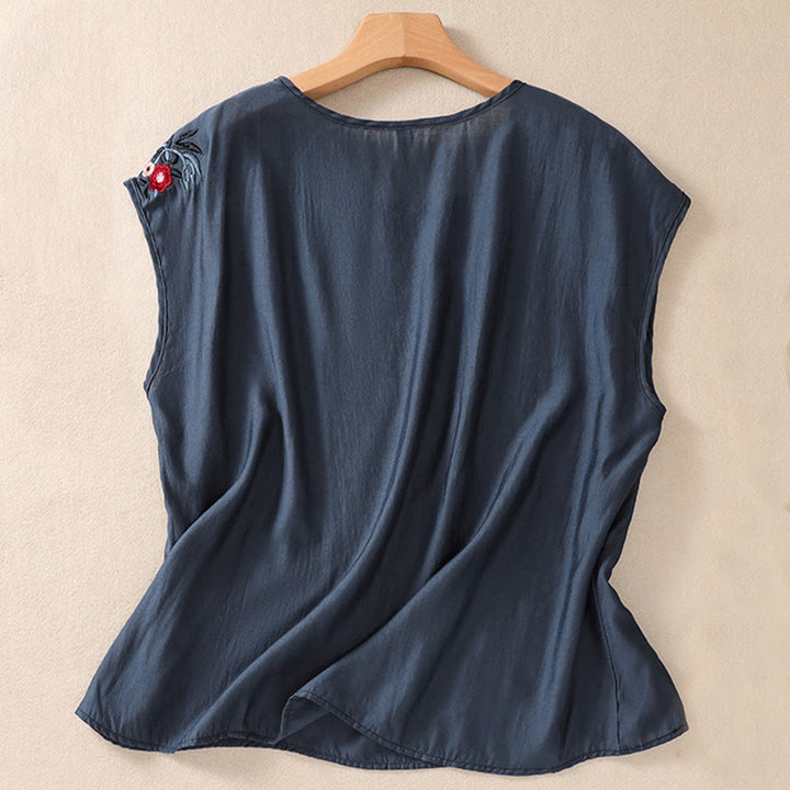 Gilet décontracté vintage uni brodé de fleurs, style Buddha Stones, sans manches, col ras du cou, en coton et lin, pour femme