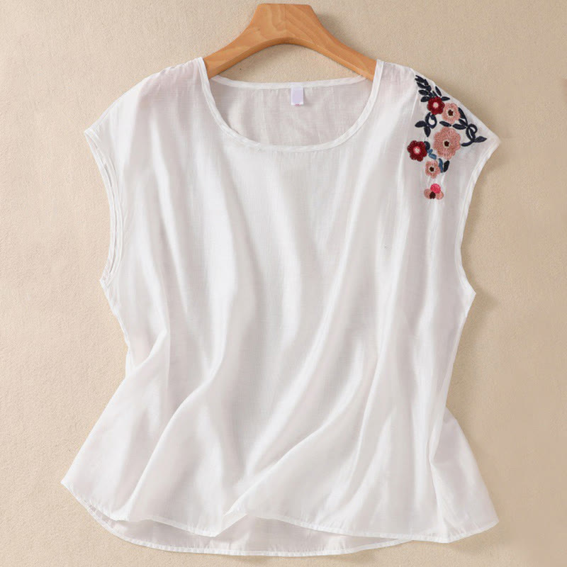 Gilet décontracté vintage uni brodé de fleurs, style Buddha Stones, sans manches, col ras du cou, en coton et lin, pour femme