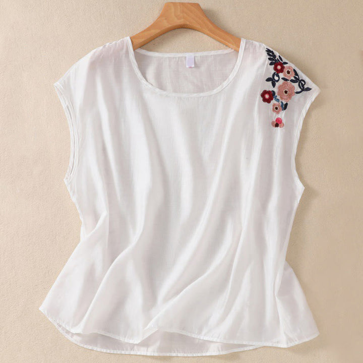 Gilet décontracté vintage uni brodé de fleurs, style Buddha Stones, sans manches, col ras du cou, en coton et lin, pour femme