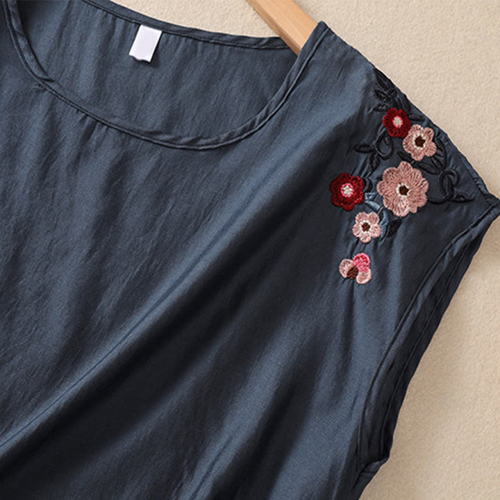 Gilet décontracté vintage uni brodé de fleurs, style Buddha Stones, sans manches, col ras du cou, en coton et lin, pour femme