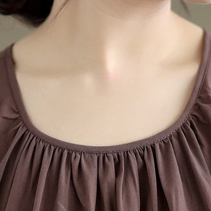 Gilet d'été en coton et lin pour femme, motif Buddha Stones, col ras du cou plissé, couleur unie - image 5