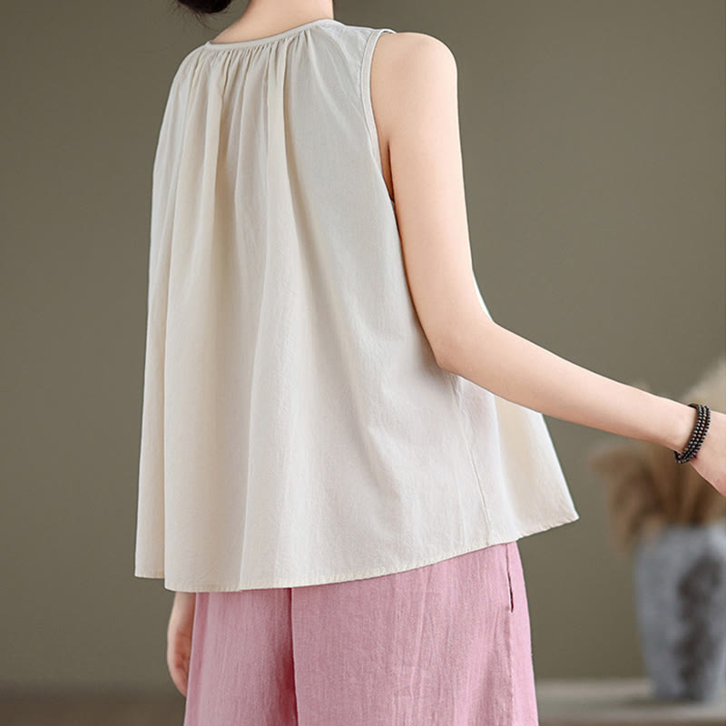 Gilet d'été en coton et lin pour femme, motif Buddha Stones, col ras du cou plissé, couleur unie - image 18