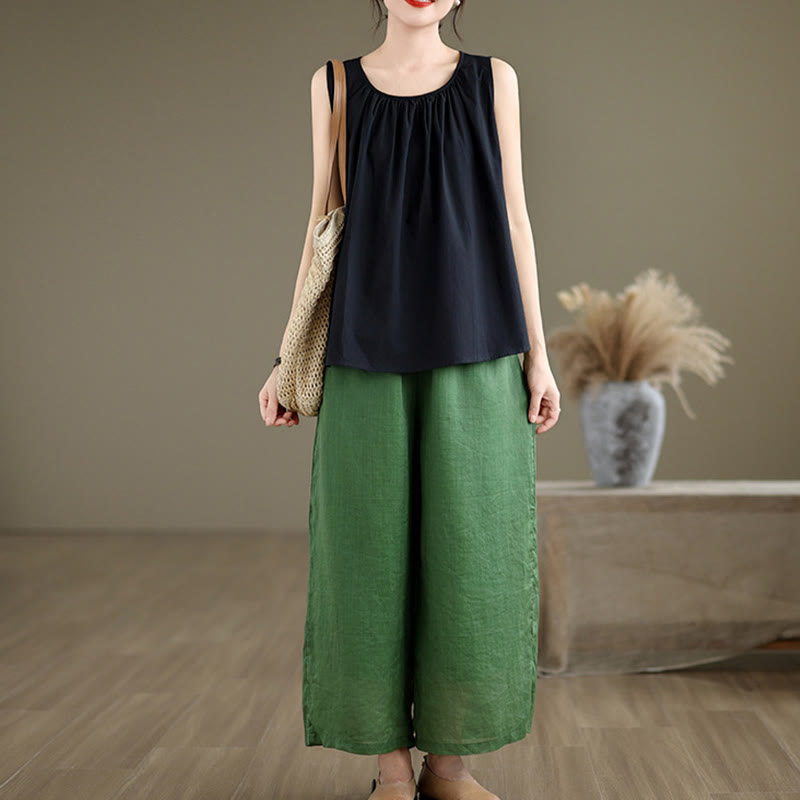 Gilet d'été en coton et lin pour femme, motif Buddha Stones, col ras du cou plissé, couleur unie - image 13