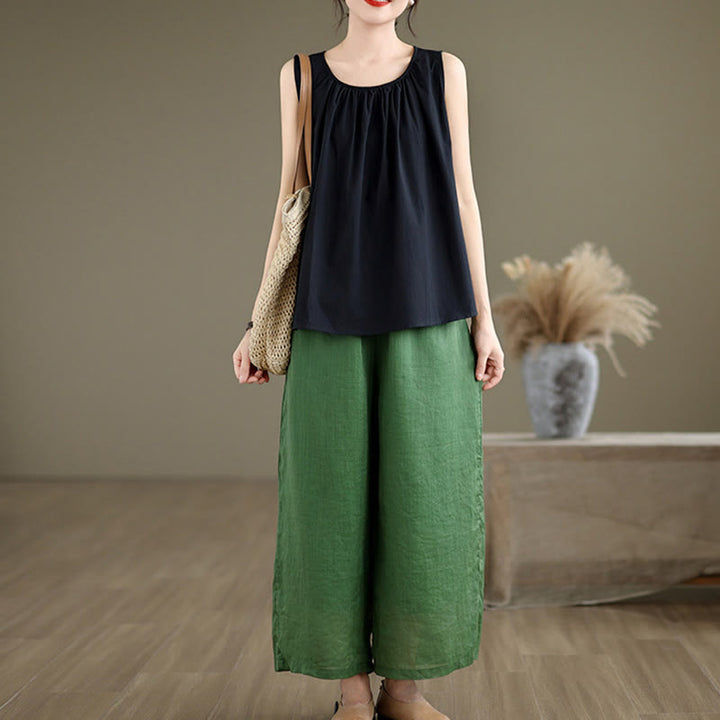 Gilet d'été en coton et lin pour femme, motif Buddha Stones, col ras du cou plissé, couleur unie - image 13