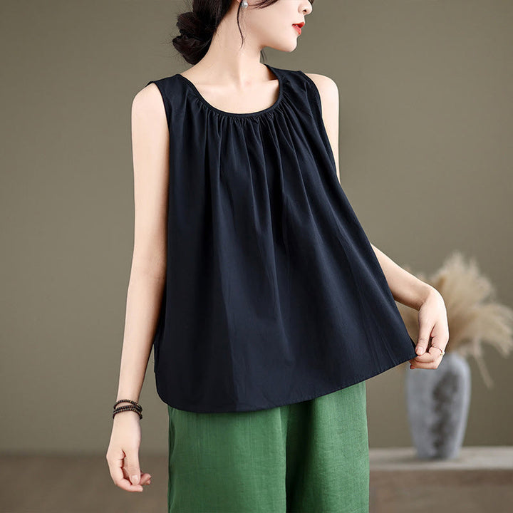 Gilet d'été en coton et lin pour femme, motif Buddha Stones, col ras du cou plissé, couleur unie - Noir - US12，UK/AU16，EU44 (2XL) - image 10