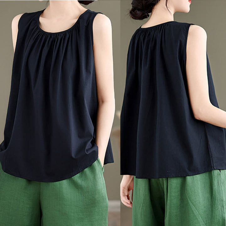 Gilet d'été en coton et lin pour femme, motif Buddha Stones, col ras du cou plissé, couleur unie - image 14