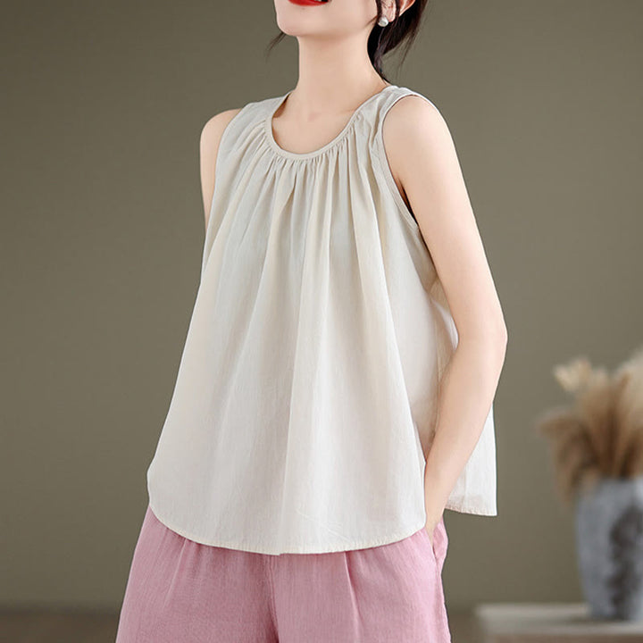 Gilet d'été en coton et lin pour femme, motif Buddha Stones, col ras du cou plissé, couleur unie - image 16