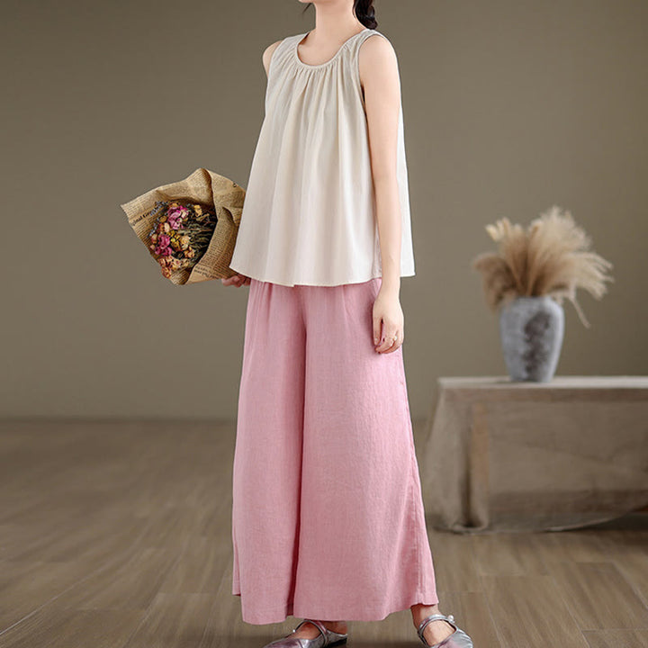 Gilet d'été en coton et lin pour femme, motif Buddha Stones, col ras du cou plissé, couleur unie - image 20