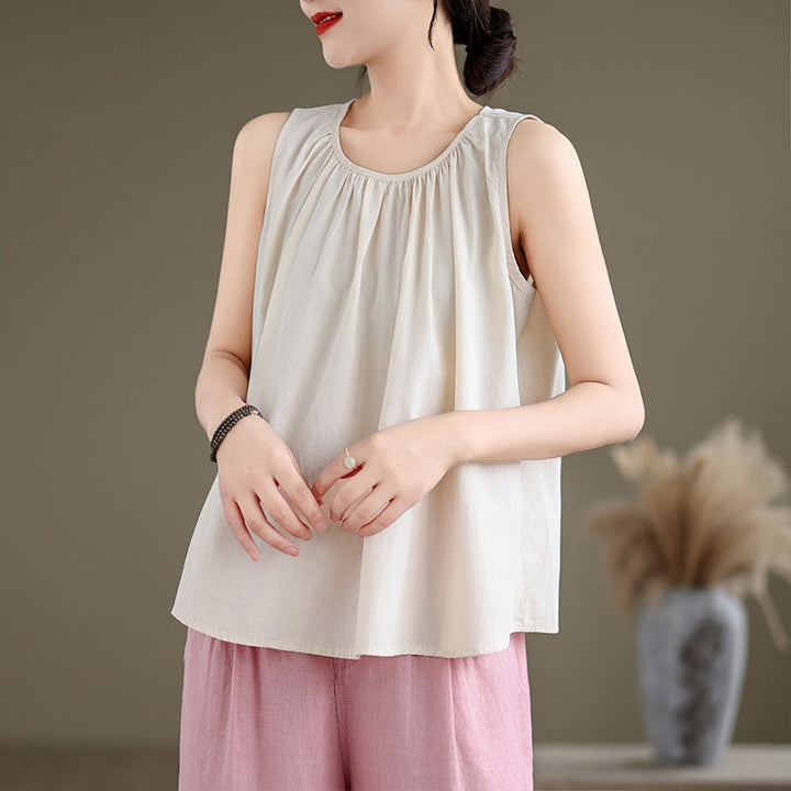Gilet d'été en coton et lin pour femme, motif Buddha Stones, col ras du cou plissé, couleur unie - Beige - US12，UK/AU16，EU44 (2XL) - image 15