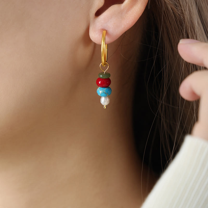 Boucles d'oreilles en acier titane et perles d'agate rouge naturelle avec pierres de Buddha Stones tibétaines Marnyi