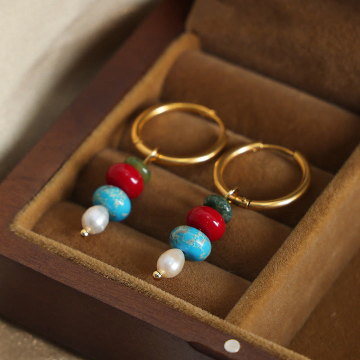 Boucles d'oreilles en acier titane et perles d'agate rouge naturelle avec pierres de Buddha Stones tibétaines Marnyi