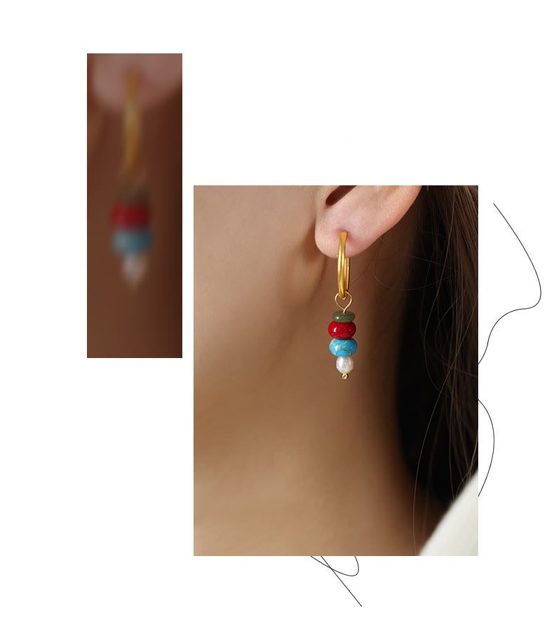Boucles d'oreilles en acier titane et perles d'agate rouge naturelle avec pierres de Buddha Stones tibétaines Marnyi