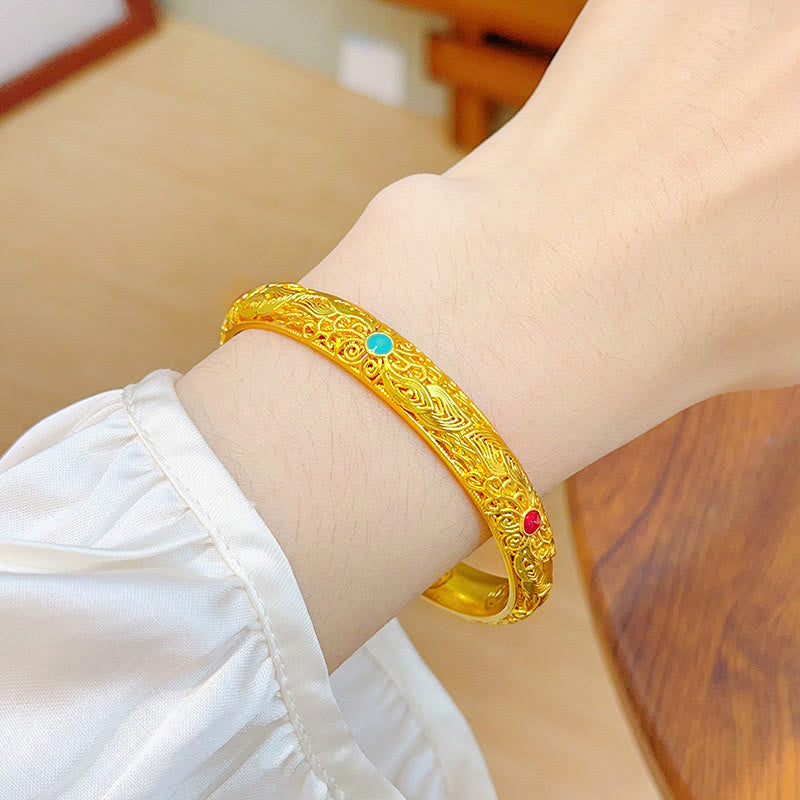 Bracelet jonc porte-bonheur en Buddha Stones , plaqué or, fleurs et feuilles