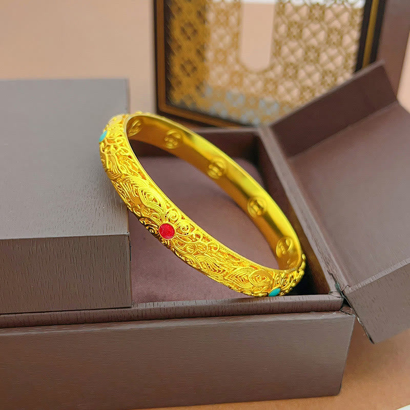 Bracelet jonc porte-bonheur en Buddha Stones , plaqué or, fleurs et feuilles
