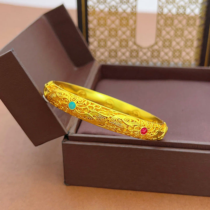 Bracelet jonc porte-bonheur en Buddha Stones , plaqué or, fleurs et feuilles