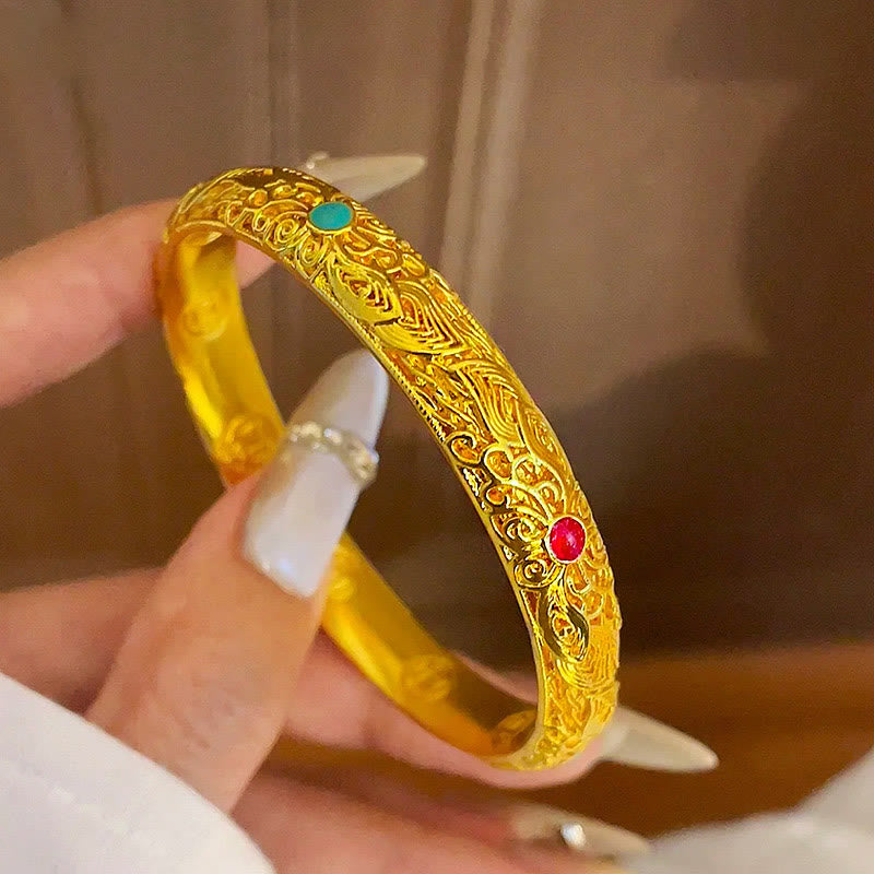 Bracelet jonc porte-bonheur en Buddha Stones , plaqué or, fleurs et feuilles