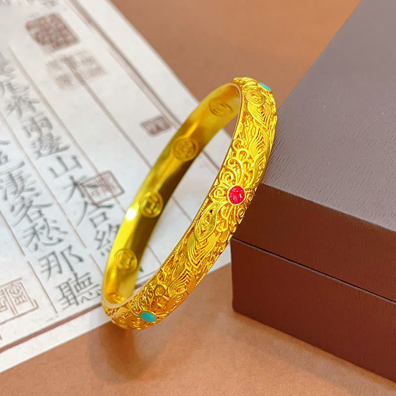 Bracelet jonc porte-bonheur en Buddha Stones , plaqué or, fleurs et feuilles